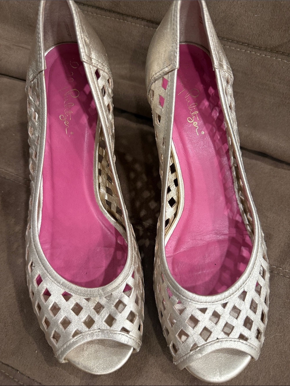 Lilly Pulitzer Gold Lattice Peep-Toe Flats - Gold